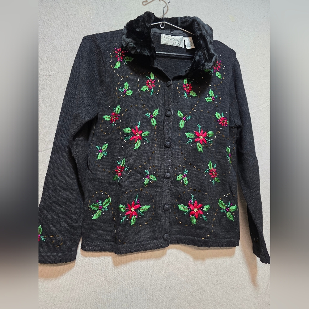 Black Cardigan Vintage with Christmas Embroidery Sarah Bentley